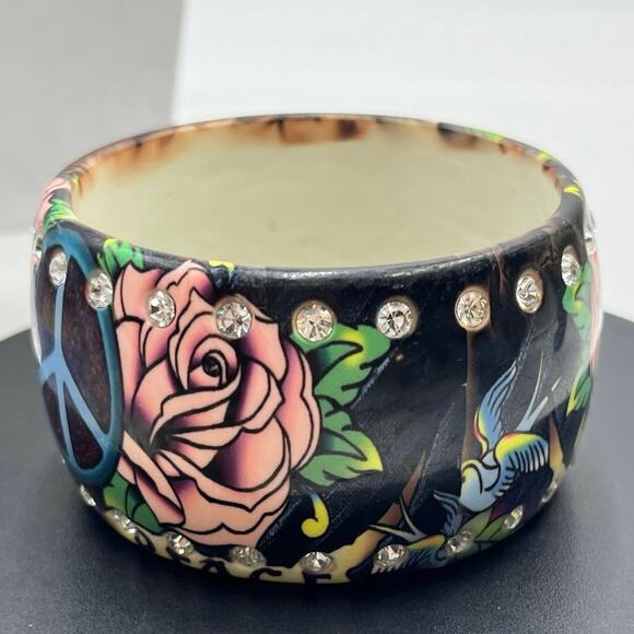 Ed Hardy Vintage Pink Roses Love Peace Tattoo Rhinestone Lucite Bangle Bracelet - Picture 2 of 9